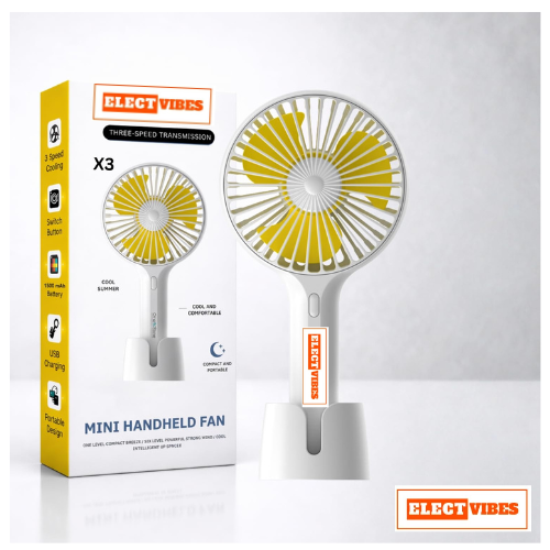 ELECTVIBES Mini Portable Hand Fan Powerful Brushless Motor, 3-Speed Large Blades, Noise-Cancelling, USB (Up to 6Hrs) Avaialble In Assorted Colors - Image 4