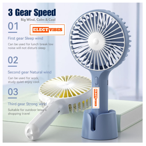 ELECTVIBES Mini Portable Hand Fan Powerful Brushless Motor, 3-Speed Large Blades, Noise-Cancelling, USB (Up to 6Hrs) Avaialble In Assorted Colors - Image 14