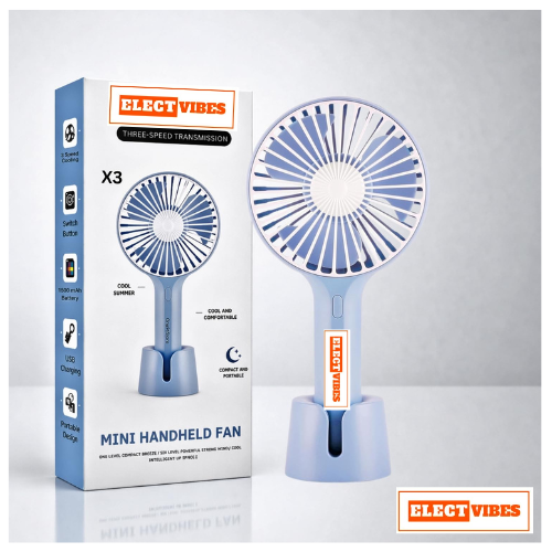 ELECTVIBES Mini Portable Hand Fan Powerful Brushless Motor, 3-Speed Large Blades, Noise-Cancelling, USB (Up to 6Hrs) Avaialble In Assorted Colors - Image 3