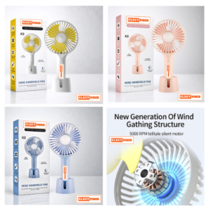 ELECTVIBES Mini Portable Hand Fan  Powerful Brushless Motor, 3-Speed Large Blades, Noise-Cancelling, USB (Up to 6Hrs)   Avaialble In Assorted Colors