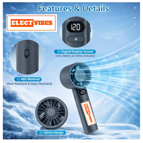 ELECTVIBES Rechargeable Handheld Fan, Portable Mini Fan with 1200mAh Battery, 120 Speed Levels with Long-Press Control, Personal Electric Fan for Travel, Office & Home, AVAILABLE (White,GREY,BLAZE GOLD) - Image 8