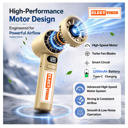 ELECTVIBES Rechargeable Handheld Fan, Portable Mini Fan with 1200mAh Battery, 120 Speed Levels with Long-Press Control, Personal Electric Fan for Travel, Office & Home, AVAILABLE (White,GREY,BLAZE GOLD) - Image 14