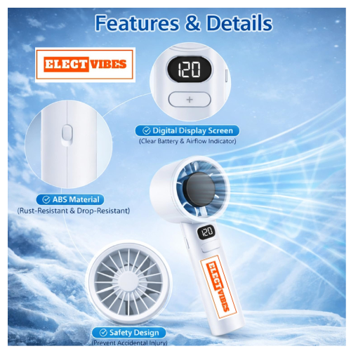 ELECTVIBES Rechargeable Handheld Fan, Portable Mini Fan with 1200mAh Battery, 120 Speed Levels with Long-Press Control, Personal Electric Fan for Travel, Office & Home, AVAILABLE (White,GREY,BLAZE GOLD) - Image 25