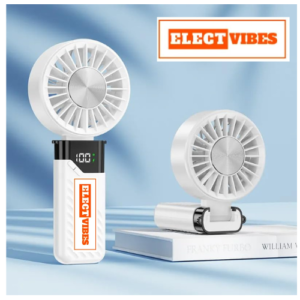 ELECTVIBES Rechargeable Handheld Fan with 1800mAh Battery, 4-5 Hours Battery Backup, 6 Speed Touch Control, Portable Mini Fan with Mobile Stand for Travel, Office, Home & Outdoor Use (White)