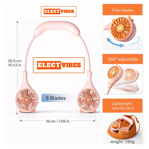 ELECTVIBES Rechargeable Neck Fan (Green) | 1200mAh Battery, USB Powered Hands-Free Hanging Fan | Single Speed Dual Fan | Portable Personal Cooling Fan for Travel, Office & Outdoor Use - Image 5