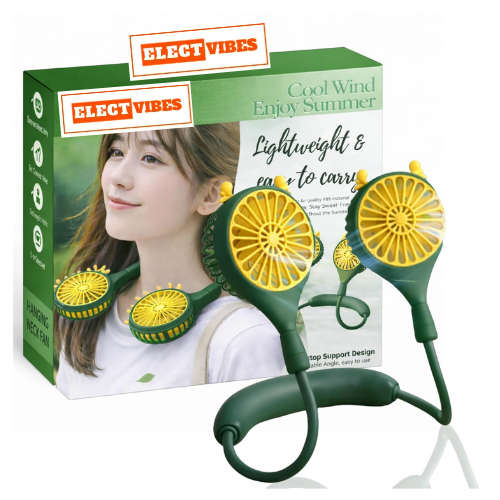 ELECTVIBES Rechargeable Neck Fan (Green) | 1200mAh Battery, USB Powered Hands-Free Hanging Fan | Single Speed Dual Fan | Portable Personal Cooling Fan for Travel, Office & Outdoor Use - Image 3