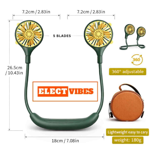 ELECTVIBES Rechargeable Neck Fan (Green) | 1200mAh Battery, USB Powered Hands-Free Hanging Fan | Single Speed Dual Fan | Portable Personal Cooling Fan for Travel, Office & Outdoor Use - Image 13