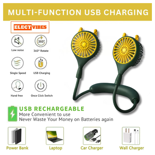 ELECTVIBES Rechargeable Neck Fan (Green) | 1200mAh Battery, USB Powered Hands-Free Hanging Fan | Single Speed Dual Fan | Portable Personal Cooling Fan for Travel, Office & Outdoor Use - Image 14