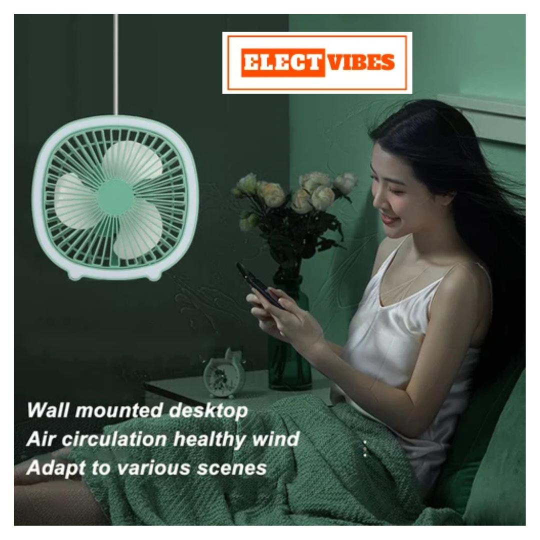 ELECTVIBES Hanging Fan with LED USB Rechargeable, Adjustable Speed, Light for Camping & Travel (Mint Green) - Image 5