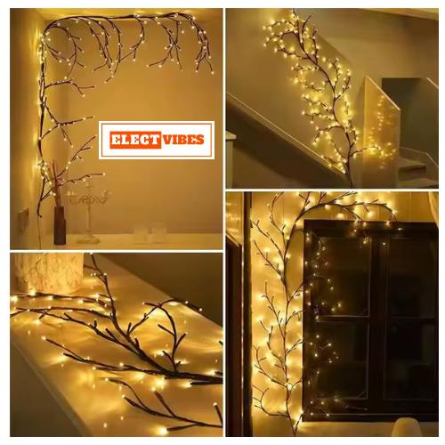 ELECTVIBES 185CM LED Willow Vine String Lights | 96 Warm White LEDs, USB Powered | Decorative Wall Light with 8 Modes & Remote for Bedroom, Living Room & Festive Decoration (WARM WHITE) - Image 8