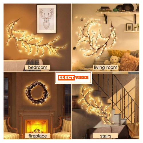 ELECTVIBES 185CM LED Willow Vine String Lights | 96 Warm White LEDs, USB Powered | Decorative Wall Light with 8 Modes & Remote for Bedroom, Living Room & Festive Decoration (WARM WHITE) - Image 7