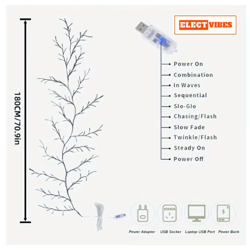 ELECTVIBES 185CM LED Willow Vine String Lights | 96 Warm White LEDs, USB Powered | Decorative Wall Light with 8 Modes & Remote for Bedroom, Living Room & Festive Decoration (WARM WHITE) - Image 6