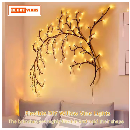 ELECTVIBES 185CM LED Willow Vine String Lights | 96 Warm White LEDs, USB Powered | Decorative Wall Light with 8 Modes & Remote for Bedroom, Living Room & Festive Decoration (WARM WHITE) - Image 4