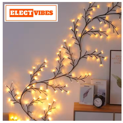 ELECTVIBES 185CM LED Willow Vine String Lights | 96 Warm White LEDs, USB Powered | Decorative Wall Light with 8 Modes & Remote for Bedroom, Living Room & Festive Decoration (WARM WHITE) - Image 3