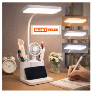 ELECTVIBES 3-in-1 LED Desk Lamp with Pen & Phone Holder – USB Rechargeable Study Lamp with Touch Sensor, 3 Light Modes, Eye Protection & Warm White Night Light for Bedroom, Office & Home (PACK OF 1)