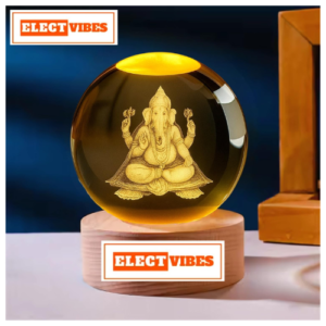 ELECTVIBES 3D Crystal Ball Night Lamp – Engraved Ganesh Ji LED Light, USB-Powered Table Lamp with Wooden Base, Romantic Home & Office Décor, Bedroom, Anniversary, Birthday Gift (Warm White) (PACK OF 1)