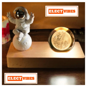 ELECTVIBES 3D Crystal Moon Lamp – Engraved LED Light with Astronaut, USB-Powered Table Lamp, Wooden Base, Romantic Home & Office Décor, Bedroom, Anniversary, Birthday Gift (Warm White) (PACK OF 1)