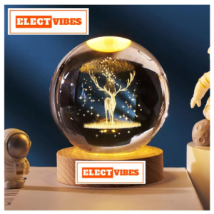 ELECTVIBES 3D Engraved Deer Crystal Globe Lamp | USB LED Night Light with Wooden Base | Creative 6 cm Crystal Ball Table Lamp for Bedroom, Home, Office Décor & Gifting (Warm White) (PACK OF 1)