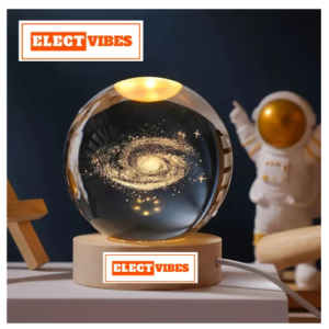 ELECTVIBES  3D Galaxy Crystal Ball Night Lamp - Engraved USB Table LED Wooden Light for Home Office Decoration and Birthday Gift (Galaxy)(Warm White) (PACK OF 1)