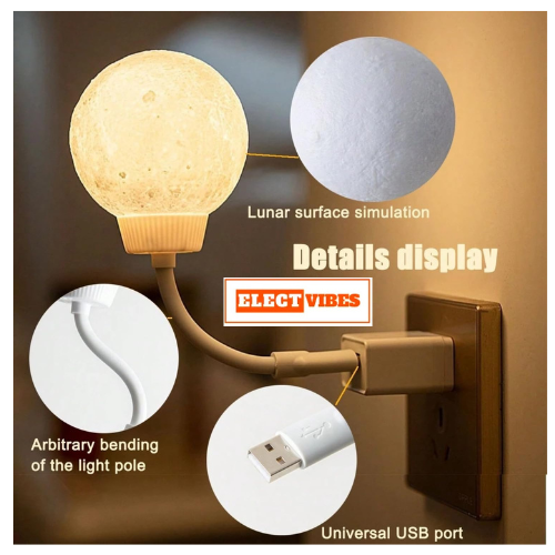 ELECTVIBES 3D Moon Lamp with Warm White Glow USB Plug-in LED Moon Night Light Lamp, Plug-in 3D Moon Night Light Lamp | Warm White LED Moon Lamp for Bedroom, Kids, Baby, Nursery, Bedside & Home Décor (PACK OF 1) - Image 5