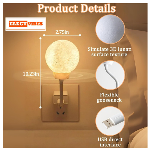 ELECTVIBES 3D Moon Lamp with Warm White Glow USB Plug-in LED Moon Night Light Lamp, Plug-in 3D Moon Night Light Lamp | Warm White LED Moon Lamp for Bedroom, Kids, Baby, Nursery, Bedside & Home Décor (PACK OF 1) - Image 7