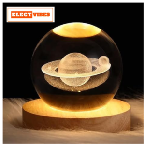ELECTVIBES 3D Saturn Crystal Globe Lamp | Engraved Crystal Ball Night Light with Wooden Base | USB LED Table Lamp for Bedroom, Office, Home Decor & Gift Purpose (Saturn, Warm White) (PACK OF 1)