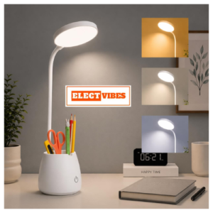 ELECTVIBES RoundGlow Rechargeable LED Desk Lamp – Touch Control Table Lamp with 1200mAh Battery, Adjustable Brightness & Color Temperature, Portable Study Lamp with 80cm USB Cable (PACK OF 1)