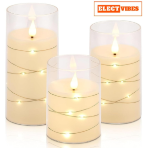 ELECTVIBES Fairy WAX Set of 3 T-Light Candle LED Flameless Candles with Fairy Lights – Set of 3 Glass Pillars with, Realistic Flickering Flame, Battery Operated Decorative Lights for Home, Bedroom, Wedding & Event Décor (PACK OF 1)
