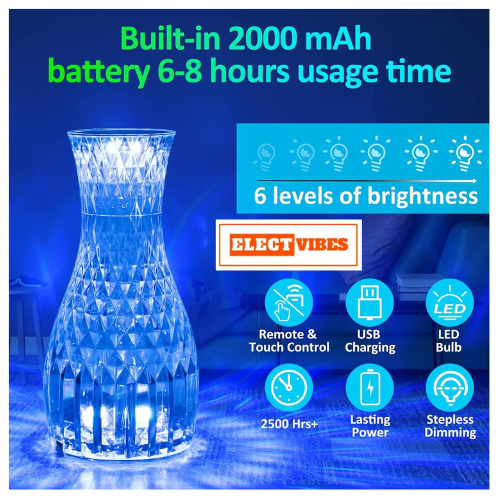 ELECTVIBES Diamond Crystal Lamp With remote Crystal Table Lamp, 16 Colors Rose Diamond Lamps with Touch & Remote Control, 2000mAh USB Charging Dimmable LED Romantic Bedside Light for Bedroom Living Room Party Dinner Décor (PACK OF 1) - Image 9