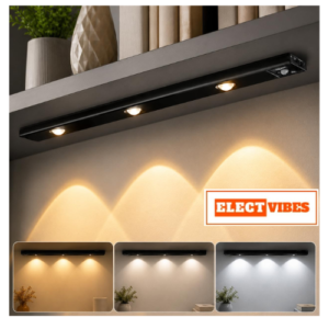 ELECTVIBES 40CM Rechargeable Motion Sensor LED Light – Wireless Under Cabinet Light with 3 Color Modes, 1200mAh Battery, Dimmable Stick-On Lamp for Kitchen, Wardrobe & Bedroom (Black) (PACK OF 1)