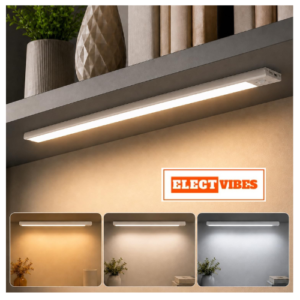 ELECTVIBES 30CM Metal Rechargeable Motion Sensor LED Light, Wireless Under Cabinet Light with 3 Color Modes, 1200mAh Battery for Kitchen, Wardrobe & Bedroom - White (PACK OF 1)