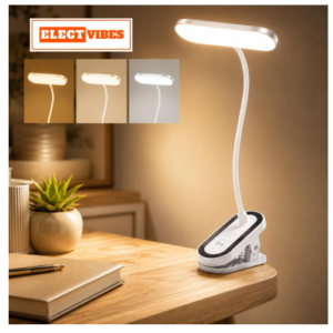 ELECTVIBES FlexiBeam Design Rechargeable LED Clip Lamp | Wide Beam Flexible Desk & Bedside Light | USB Powered Study & Reading Lamp with Clamp Base | White (PACK OF 1)