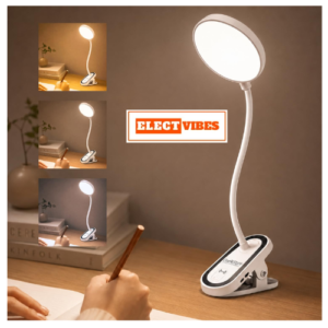 ELECTVIBES FlexiClip Design Rechargeable LED Clip Lamp | Flexible Gooseneck Desk & Bedside Light | Adjustable Brightness | USB Powered Study & Reading Lamp (White) (PACK OF 1)