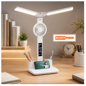 ELECTVIBES SmartTwin Pro Design Rechargeable LED Table Lamp | Dual Arm Desk Light with Fan & Phone Holder | Touch Control Dimmable Study Lamp | 2400mAh Battery | USB Powered (White) (PACK OF 1)