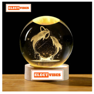 ELECTVIBES 3D Dolphin Crystal Ball Night Lamp with Wooden Base, USB Powered Engraved Glass Ball LED Table Light for Bedroom, Home Decor, Office Desk, Kids Room & Birthday Gift (PACK OF 1)