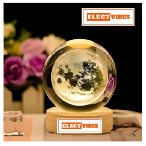 ELECTVIBES 3D Crystal Moon Lamp | Engraved Crystal Ball LED Night Light with Wooden Base, USB Powered | Romantic Home Décor & Valentine Day Gift for Her, Him & Couples (Warm White) (PACK OF 1)
