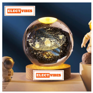 ELECTVIBES 3D Solar Planet Crystal Ball LED Night Lamp, Creative Engraved Night Light Wooden Base, Warm White Decorative Table Lamp for Home, Office, Bedroom, Birthday Gift (Solar Planet) (PACK OF 1)