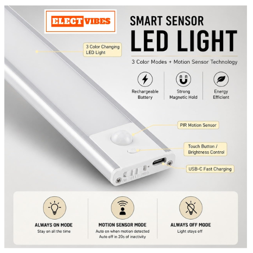 ELECTVIBES 40CM Rechargeable Motion Sensor LED Light – Wireless Under Cabinet Light with 3 Color Modes, 1200mAh Battery, Dimmable Stick-On Lamp for Kitchen, Wardrobe & Bedroom, White Plastic (PACK OF 1) - Image 7