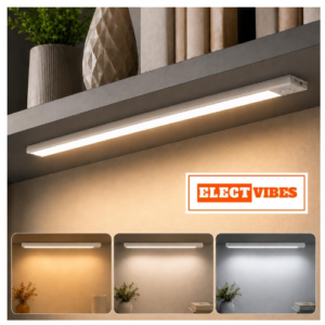 ELECTVIBES 40CM Rechargeable Motion Sensor LED Light – Wireless Under Cabinet Light with 3 Color Modes, 1200mAh Battery, Dimmable Stick-On Lamp for Kitchen, Wardrobe & Bedroom, White Plastic (PACK OF 1)