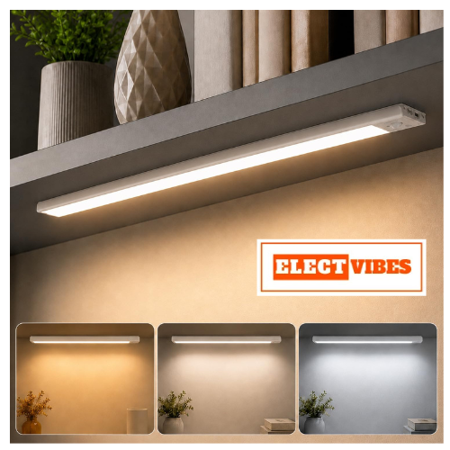 ELECTVIBES 40CM Rechargeable Motion Sensor LED Light – Wireless Under Cabinet Light with 3 Color Modes, 1200mAh Battery, Dimmable Stick-On Lamp for Kitchen, Wardrobe & Bedroom, White Plastic (PACK OF 1)