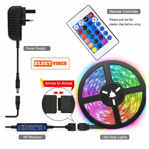 ELECTVIBES 5 Meter 3 Colour LED Strip Light with Adapter, Red Green Blue LEDs Strip, 300 LEDs Decorative Light with 16 Mode Remote for Home, Shop, Party, Festival & Wall Décor (PACK OF 1) - Image 3