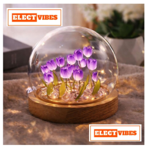 ELECTVIBES Artificial Tulip LED Night Lamp – Glass Decorative Light with 10 Purple Flowers for Bedroom, Living Room & Table, Romantic Decor, Valentine Day Gift, Love Gift for Her, Couple Gift (PACK OF 1)