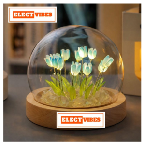 ELECTVIBES Blue Tulip Glass LED Lamp | Decorative Night Light with Artificial Flower Bouquet for Bedroom, Home Decor, Table & Gifts (8 cm) (PACK OF 1)