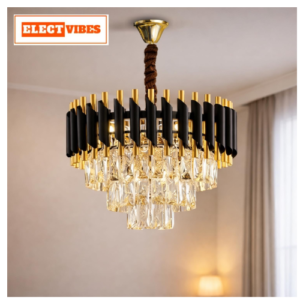 ELECTVIBES Modern Crystal Chandelier Ceiling Light 500mm, Tricolour LED (Warm, Cool & Natural White), Luxury Black & Gold Decorative Jhumar for Living Room, Dining Hall & Bedroom (PACK OF 1)