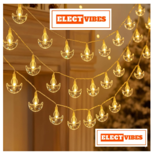 ELECTVIBES Crystal Diya LED String Fairy Lights – 3 Meter, 14 LED Warm White Waterproof Decorative Lights for Diwali, Home, Mandir, Garden, Christmas & Festival Decoration, Plug-in (WARM WHITE)