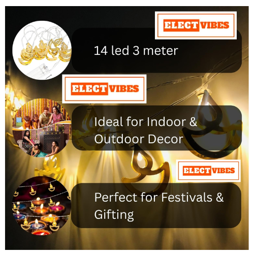 ELECTVIBES Diya Metal String Light 14 LED, 3 Meter Plug-In, Warm White (PACK OF 1) - Image 4