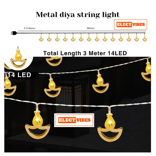ELECTVIBES Diya Metal String Light 14 LED, 3 Meter Plug-In, Warm White (PACK OF 1) - Image 3