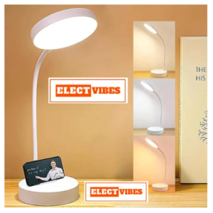 ELECTVIBES LED Desk Lamp with Touch Sensor On/Off, USB Rechargeable Study Light, 3 Brightness Modes, 360 Adjustable Arm, Phone Holder, Night Light for Students, Dorm & Office (White)(PACK OF 1)