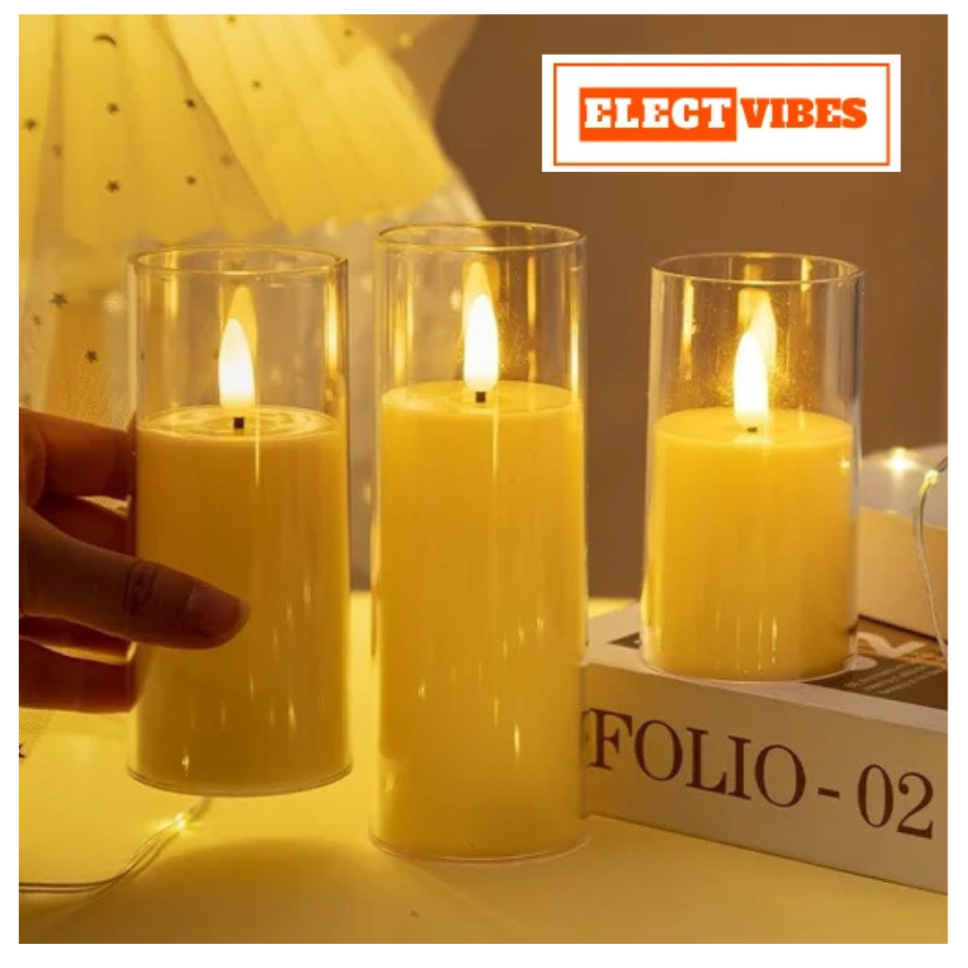 ELECTVIBES Wicked Glass T-Light Candle Flameless LED Pillar Candles with Clear Glass Effect Cover (Set of 3) – Battery Operated Flickering Candle Lights for Home, Parties, Weddings & Decoration (PACK OF 1) - Image 4