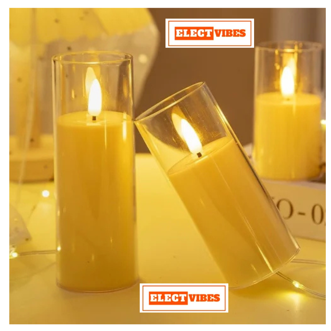 ELECTVIBES Wicked Glass T-Light Candle Flameless LED Pillar Candles with Clear Glass Effect Cover (Set of 3) – Battery Operated Flickering Candle Lights for Home, Parties, Weddings & Decoration (PACK OF 1) - Image 6